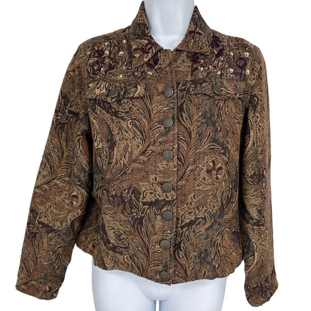 Chico's Paisley Tapestry Blazer Jacket Brown's with Gold Highlights Size 1 US M